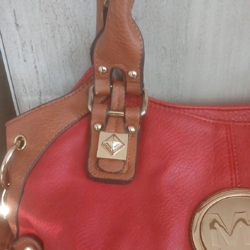 Michael Kors Red and Tan Shoulder Bag with Metallic Accents Double Handles